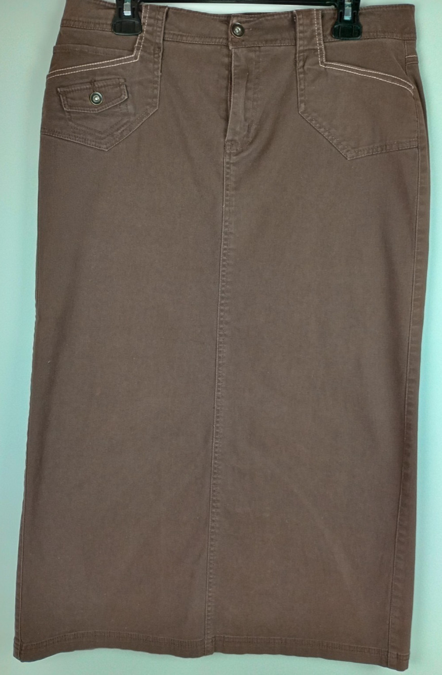 Cato Womens 12 Brown Denim 5 Pocket Back Slit Jean Mid Calf Pencil Skirt